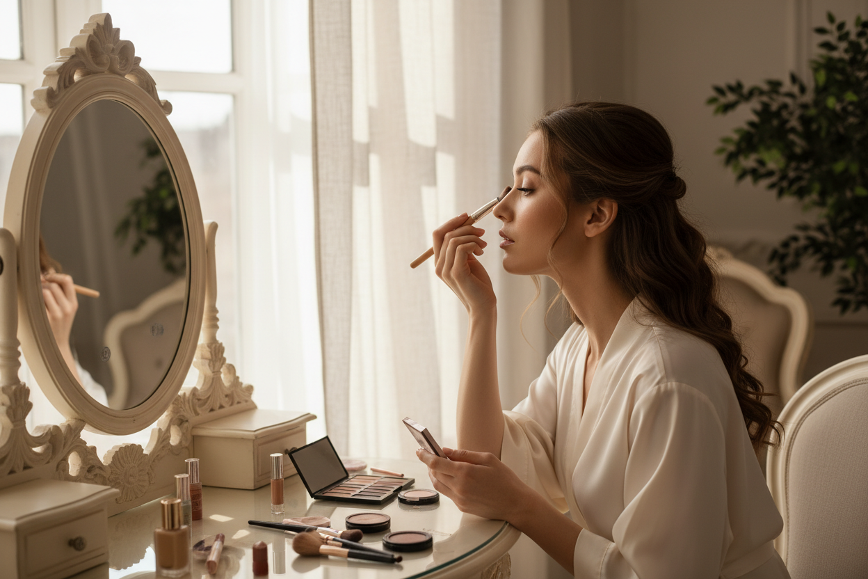 beautiful women putting makeup