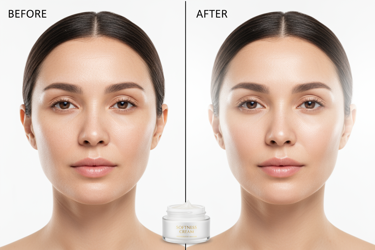 before and after, a woman face after applying softness cream